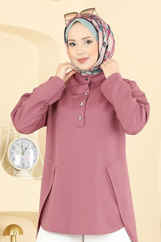 moda selvim Önü Yarım Çıtçıtlı Tunik 2840SLK540 Gül Kurusu - Thumbnail