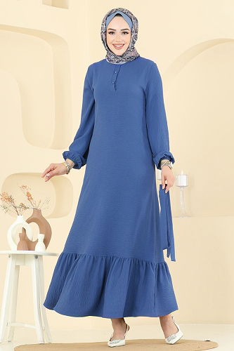 moda selvim Önü Yarım Düğmeli Elbise 5001BM387 İndigo - Thumbnail