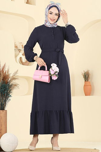 moda selvim Önü Yarım Düğmeli Elbise 5001BM387 Laci - Thumbnail