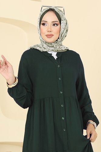 moda selvim Önü Yarım Düğmeli Elbise 5010ERK1158 Zümrüt - Thumbnail