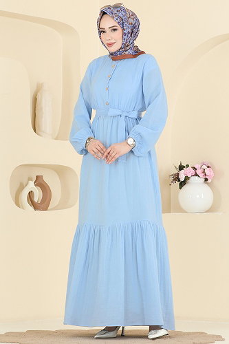 moda selvim Önü Yarım Düğmeli Müslin Elbise 122NZRK1200 Bebe Mavisi - Thumbnail