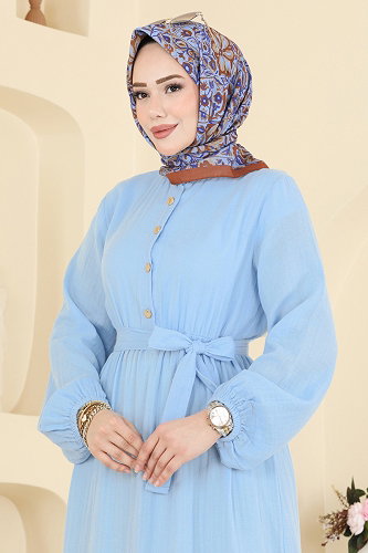 moda selvim Önü Yarım Düğmeli Müslin Elbise 122NZRK1200 Bebe Mavisi - Thumbnail