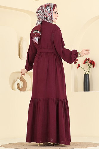 moda selvim Önü Yarım Düğmeli Müslin Elbise 122NZRK1200 Bordo - Thumbnail