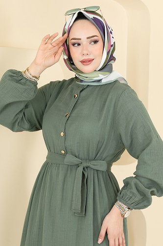 moda selvim Önü Yarım Düğmeli Müslin Elbise 122NZRK1200 Mint - Thumbnail