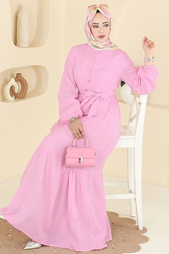 moda selvim Önü Yarım Düğmeli Müslin Elbise 122NZRK1200 Pembe - Thumbnail