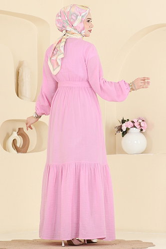 moda selvim Önü Yarım Düğmeli Müslin Elbise 122NZRK1200 Pembe - Thumbnail