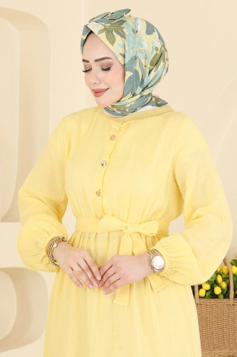 moda selvim Önü Yarım Düğmeli Müslin Elbise 122NZRK1200 Sarı - Thumbnail