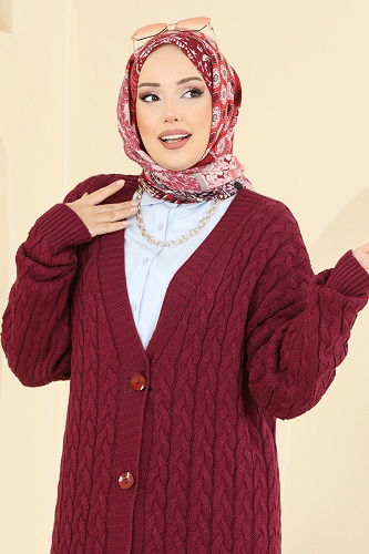 moda selvim Örgü Desenli Triko Hırka 377BRZ597 Bordo - Thumbnail