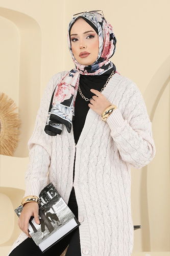 moda selvim Örgü Desenli Triko Hırka 377BRZ597 Ekru - Thumbnail