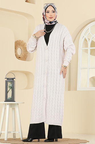 moda selvim Örgü Desenli Triko Hırka 377BRZ597 Ekru - Thumbnail