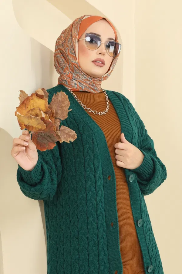 Modaselvim Hırka/Yelek Örgü Desenli Triko Hırka 377BRZ597 Zümrüt