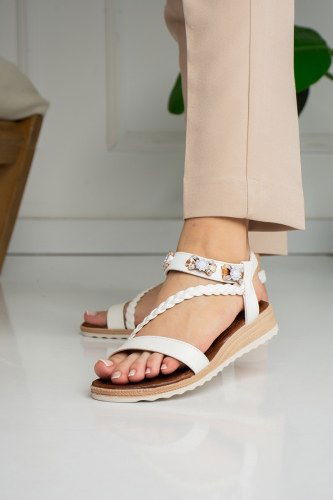 moda selvim Örgü Detaylı Kadın Sandalet 134MST812 Beyaz - Thumbnail