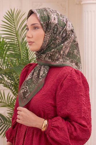 moda selvim Otantik Desen Soft Eşarp 515ERBK1201 Haki - Thumbnail