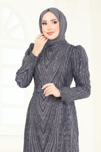 moda selvim Otriş Detay Tesettür Abiye 6619YG95 Antrasit - Thumbnail
