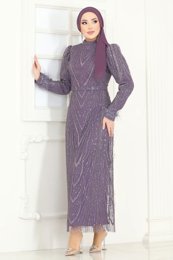 Modaselvim ABİYE Otriş Detay Tesettür Abiye 6619YG95 Koyu Lila