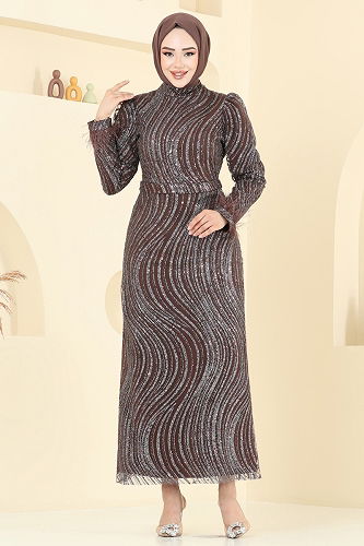 moda selvim Otriş Detaylı Kalem Abiye 6539YG95 Acı Kahve - Thumbnail