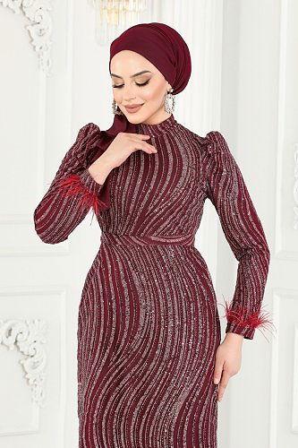 moda selvim Otriş Detaylı Kalem Abiye 6539YG95 Bordo - Thumbnail