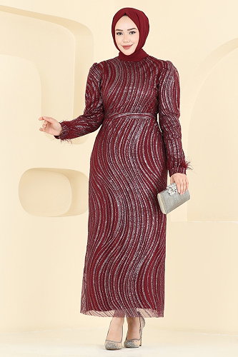 moda selvim Otriş Detaylı Kalem Abiye 6539YG95 Bordo - Thumbnail