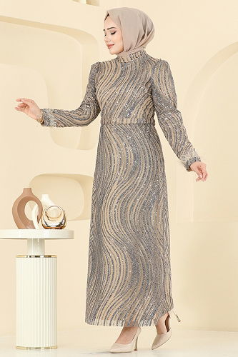 moda selvim Otriş Detaylı Kalem Abiye 6539YG95 Gold - Thumbnail