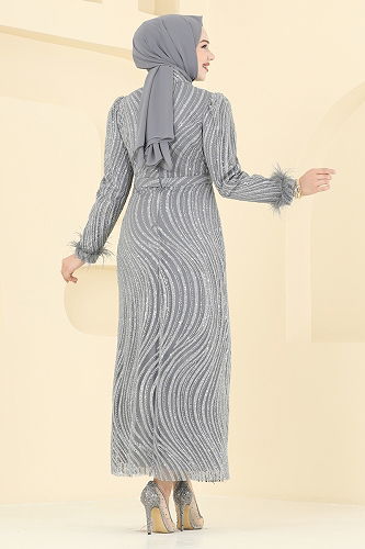 moda selvim Otriş Detaylı Kalem Abiye 6539YG95 Gri - Thumbnail