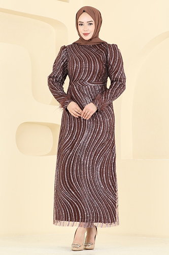 moda selvim Otriş Detaylı Kalem Abiye 6539YG95 Kahve - Thumbnail