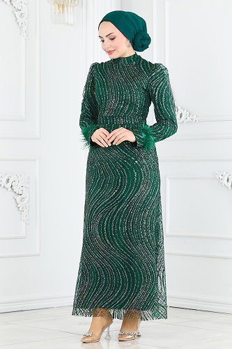 moda selvim Otriş Detaylı Kalem Abiye 6539YG95 Zümrüt - Thumbnail