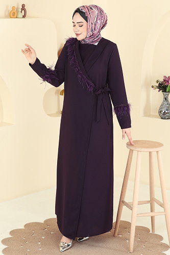 moda selvim Otriş Detaylı Taşlı Ferace 7040TGZ1164 Mor - Thumbnail