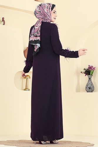 moda selvim Otriş Detaylı Taşlı Ferace 7040TGZ1164 Mor - Thumbnail