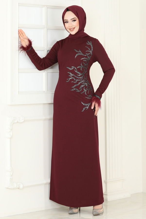 Modaselvim KURBAN BAYRAMI İNDİRİMİ Otriş Detaylı Tesettür Abiye Elbise 2747ASMK1074 Bordo
