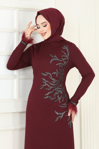 moda selvim Otriş Detaylı Tesettür Abiye Elbise 2747ASMK1074 Bordo - Thumbnail