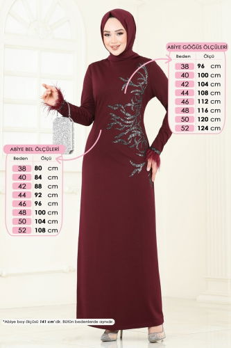 moda selvim Otriş Detaylı Tesettür Abiye Elbise 2747ASMK1074 Bordo - Thumbnail