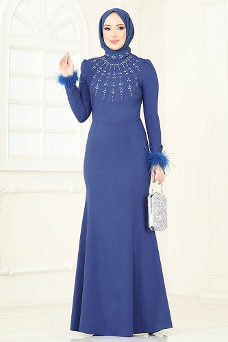 moda selvim Otriş Tüylü Abiye Elbise 2779ASMK1074 İndigo - Thumbnail