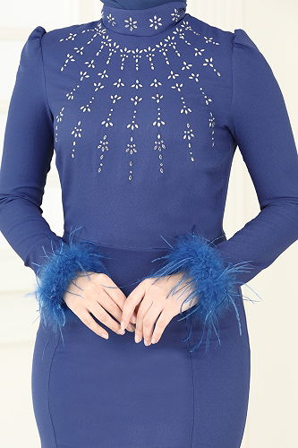 moda selvim Otriş Tüylü Abiye Elbise 2779ASMK1074 İndigo - Thumbnail