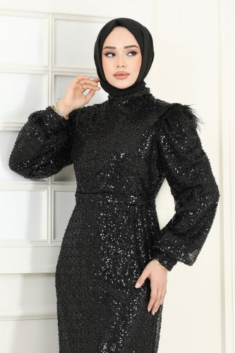 moda selvim Otriş Tüylü Tesettür Abiye 8011YG95 Siyah - Thumbnail