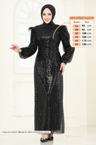 moda selvim Otriş Tüylü Tesettür Abiye 8011YG95 Siyah - Thumbnail