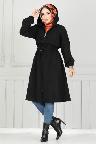 moda selvim Overcoat 0503BG354 Black - Thumbnail