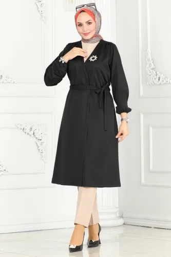 moda selvim Overcoat 10074ETT926 Black - Thumbnail