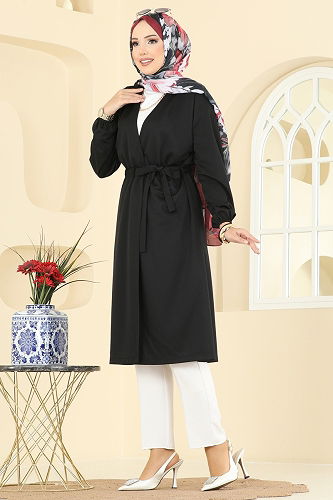 moda selvim Overcoat 10074ETT926 Black - Thumbnail