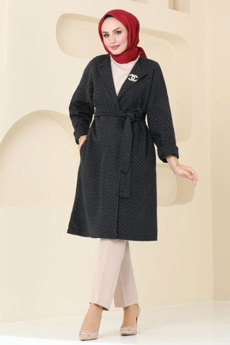 moda selvim Overcoat 1099BRZ597 Black - Thumbnail