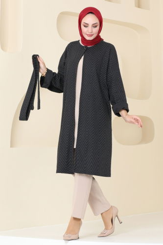 moda selvim Overcoat 1099BRZ597 Black - Thumbnail