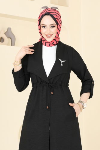 moda selvim Overcoat 1134TBL694 Black - Thumbnail