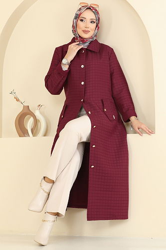 moda selvim Overcoat 1416ORG1169 Burgundy - Thumbnail