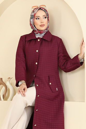 moda selvim Overcoat 1416ORG1169 Burgundy - Thumbnail