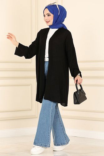 moda selvim Overcoat 1499UKB139 Black - Thumbnail