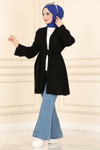 moda selvim Overcoat 1499UKB139 Black - Thumbnail