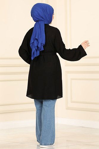 moda selvim Overcoat 1499UKB139 Black - Thumbnail