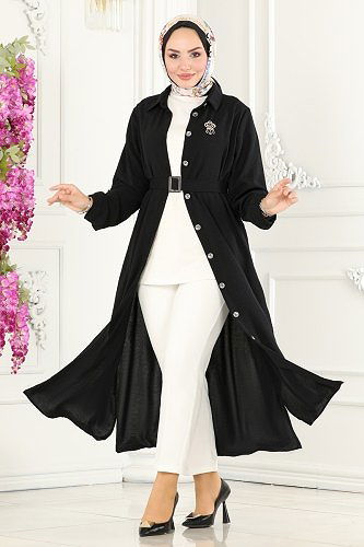 moda selvim Overcoat 162MP806 Black - Thumbnail