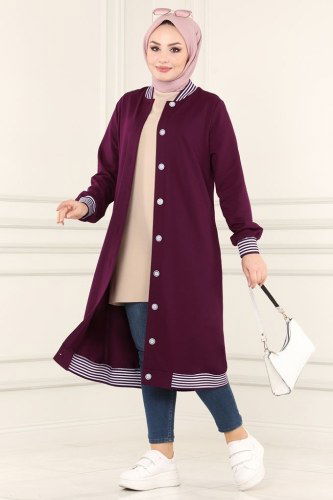 moda selvim Overcoat 1912FON792 Damson - Thumbnail