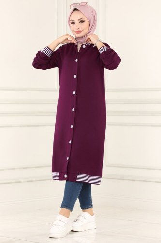 moda selvim Overcoat 1912FON792 Damson - Thumbnail