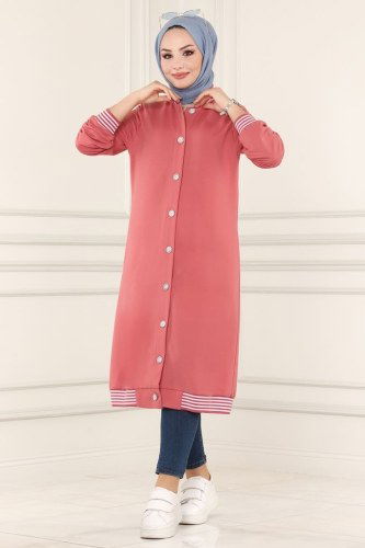 moda selvim Overcoat 1912FON792 Dusty Rose - Thumbnail